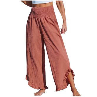 Generic Women Wide Leg Trousers Solid Color Ruffle High Elastic Waist Casual Baggy Ladies Comfy Elegant Lounge Palazzo Pants Loose Fit Tummy Control Summer Ca