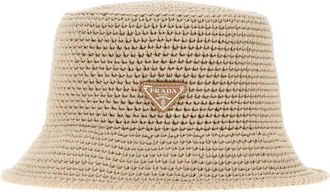Prada Mens Crocheted Cotton Bucket Hat Beige
