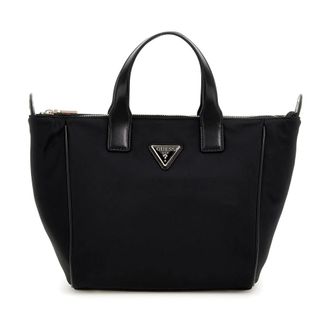 Guess Tote Bags, female, Black, Size: ONE SIZE Nylon Handbag with Faux Leather Trim