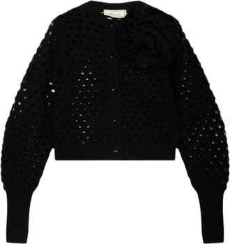 Blumarine Openwork Wool Cardigan with 3D Rose - Dames - Vesten - Zwart - XS - Wol - Truien & Vesten