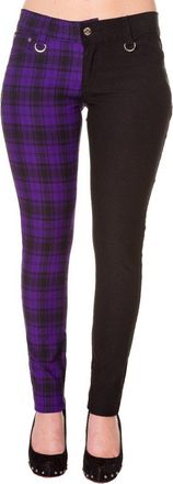 Banned Womens Purple Banned Half Tartan Plaid Check Emo Punk Split Leg Skinny Trousers - (XL/34/UK 16)