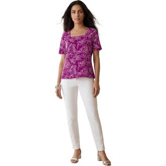Jessica London Stretch Cotton Square Neck Tee in Purple Tulip Moving Floral at Nordstrom, Size 28