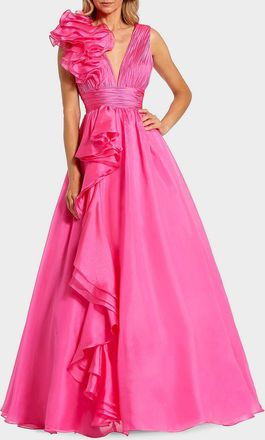 Mac Duggal Sleeveless Deep V-Neck Ruffle Gown