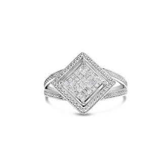 House of Brilliance Silver 1/3 Ctw Diamond Rhombus and Beaded Halo Ring at Nordstrom, Size 7