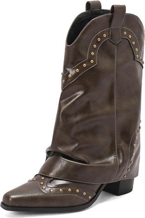 Generic Womens PU Leather Cowboy Boots With Gold Stud Detailing Pointed Toe Low Chunky Block Heels Pull Tab Slouchy Design Soft Inner Lining Durable Outsole,B