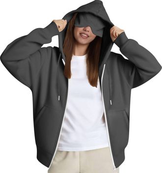 Generic Hoodie With Eye Mask Ladies Zip Up Sweatshirts 3 Pocket Airplane Mode Travel Hoodie Jacket Comfort Long Sleeve Oversized Sleep Blackout Coats Office P
