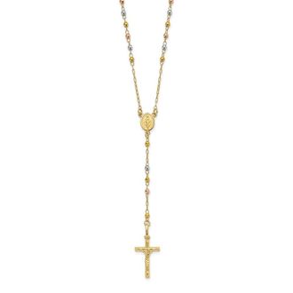Diamond2Deal 14K Tri-color Gold Polished Faceted Beads Rosary Necklace 24