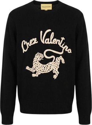 Valentino Truien & Vesten, Heren, Zwart, L, Wol, Panther Borduurwerk Ronde Hals Trui