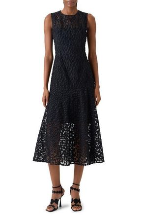 Akris Devor&eacute; Dot Organza Flounce Midi Dress in Black at Nordstrom, Size 10