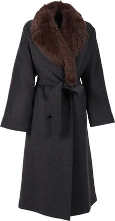 Max Mara fur collar belted coat - women - Virgin Wool/Polyamide/Polyester/Viscose - 38 - Grey