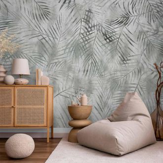 OEM Carta Da Parati - Paesaggio Minimalista - Motivo Naturale Con Foglie Esotiche Grigie