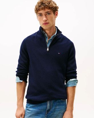 Tommy Hilfiger Mens Half-Zip Lambswool Mock Neck Jumper in Dark Blue - Size X-Large