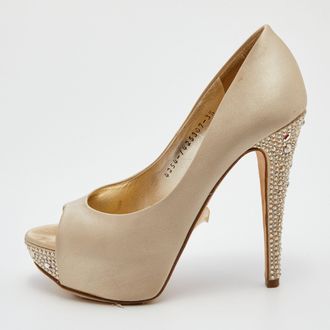 Gina Cream Satin Crystal Embellished Heel Open Toe Platform Pumps