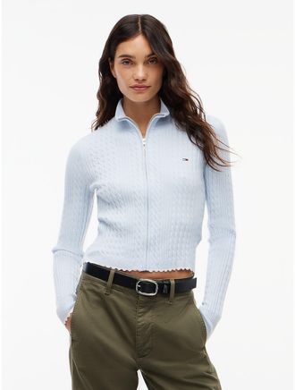 Tommy Hilfiger Womens Tommy Jeans Mini Cable Knit Zip Sweater - Sheer Blue - XL