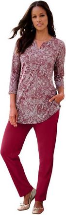 Roaman's Plus Size Three Quarter Sleeve Notch Neck Soft Knit Tunic in Rich Burgundy Floral Paisley at Nordstrom, Size 40
