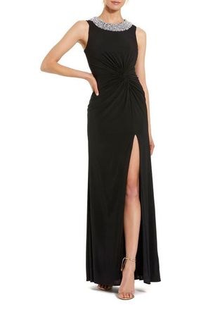 Mac Duggal Rhinestone Embellished High Neck Twist Waist Jersey Gown in Black at Nordstrom, Size X-Small