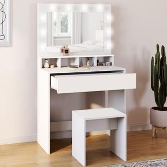 IDMarket Idmarket - Mueble De Tocador Zelia Con Espejo Led, 4 Huecos, 1 Caj&oacute;n Y Taburete