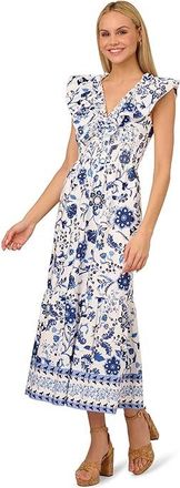 Adrianna Papell Printed Ruffle Midi Dress Womens Dress White/Blue : 10, Cotton
