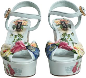 Dolce & Gabbana Green Floral Ankle Strap Wedge Sandals Womens Shoes