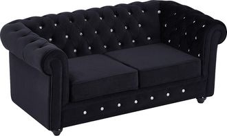 Vente-Unique Sof&aacute; de 2 plazas de terciopelo negro con botones de efecto cristal CHESTERFIELD