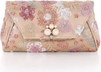 Badgley Mischka Ophelia Floral Sequin with Pearl Brooch Clutch in Champagne at Nordstrom, Size Medium