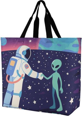 Generic Astronaut Meets Alien Shopping Bag Durable Carry Bag Portable Shopping Bags For Work College Daily Use