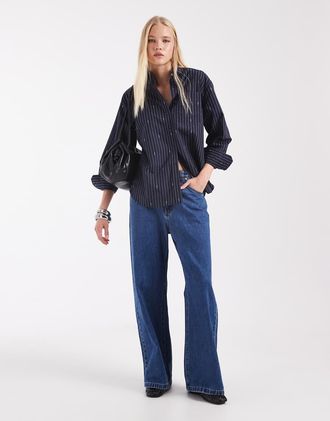 Lacoste Camicia oversize in popeline jacquard blu navy a righe
