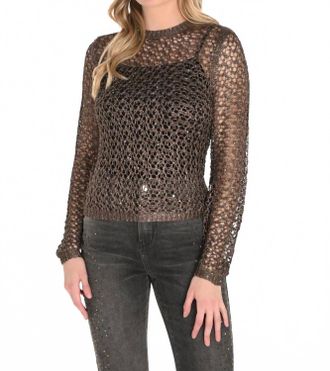 Frank Lyman Design Julieanna Jewel Embellished Open Stitch Pullover In Mocha