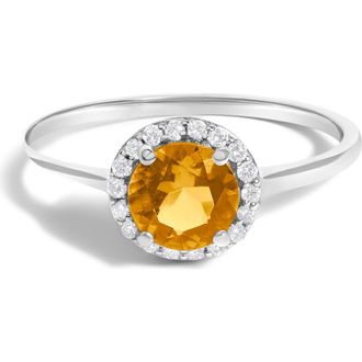 House of Brilliance 10K Gold Gemstone and 1/10 Cttw Diamond Halo Birthstone Ring in White | Orange Citrine at Nordstrom, Size 6.5