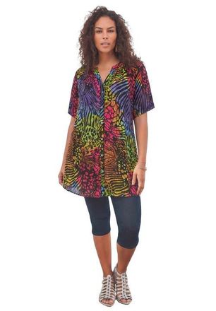 Roaman's Plus Size Angelina Crinkle Crepe Y-Neck Short Sleeve Tunic in Multi Mixed Animal at Nordstrom, Size 42