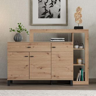 Dmora Credenza Piriap, Aparador Un Caj&oacute;n, 5 Estantes, Apertura Abatible, Deslizante, 145x35x101h Cm Marr&oacute;n Roble Nudos
