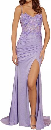 Nox Anabel Sequin Embellished Corset Gown With Slit In Lilac