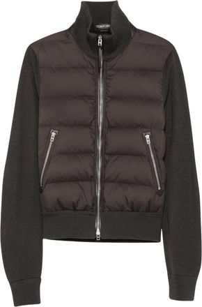 Tom Ford Nylon Down Front Merino Wool Zip Through Cardigan - Heren - Vesten - Bruin - 2XL - Nylon - Truien & Vesten