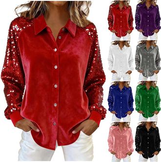 Generic Sparkly Tops for Womem Sparkly Sequin Tops Party Blouse Glitter Evening Tops Velvet Top Casual Loose Button V Neck Long Sleeve Shimmer Sparkle Shinny 