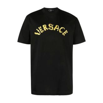 Versace T-Shirts, male, Black, Size: S Black Embroidered Logo T-shirts and Polos