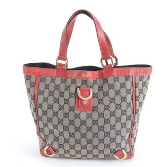 Gucci Gg Canvas Beige Navy Red Color Gg Canvas Leather Handbag Shoulder Bag Tote Bag (Pre-Owned)