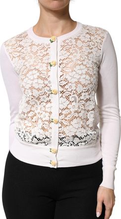 Dolce & Gabbana Cream Lace Knit Rose Button Cardigan Womens Sweater