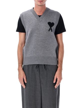 Ami Felted Merino Wool Sleeveless Sweater with Intarsia Heart Design