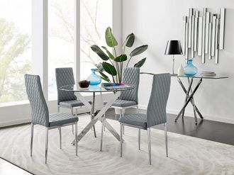 Furniturebox Novara Clear Tempered Glass 100cm Round Dining Table with Chrome Starburst Legs & 4 Milan Faux Leather Chairs in Grey