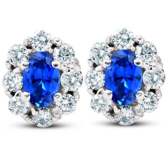 Pompeii3 3 Ct Blue Sapphire & Diamond Halo Studs 14k White Gold