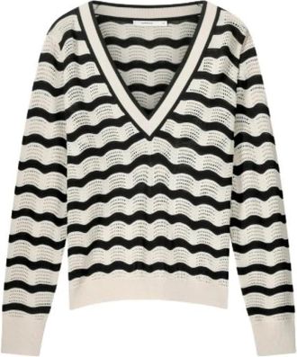 Summum Wave gestreepte V-hals trui - Dames - V-hals truien - Beige - M - Leer - Truien & Vesten