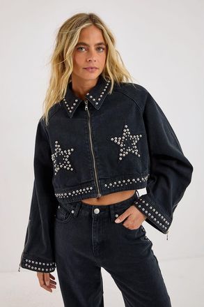 NASTY GAL Studded Denim Jacket in Washed Black at Nordstrom, Size 12