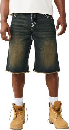 True Religion Vinny Big T Flap Fray Hem Denim Shorts in Rusted Denim Dark Wash at Nordstrom, Size 32