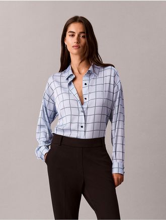 Calvin Klein Womens Satin Windowpane Button-Down Shirt - Blue - XS