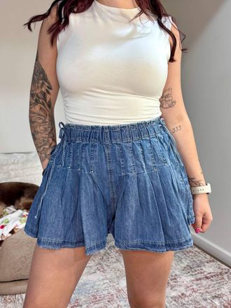Wishlist Paisley Pleated Shorts With Elastic Waist In Denim