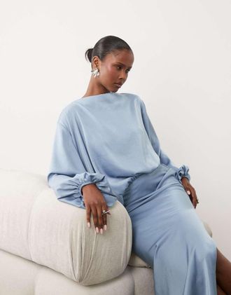 Asos Vestito lungo blu con corpino asimmetrico e maniche a campana