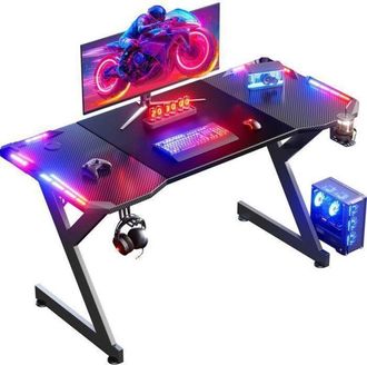 OEM Hlonone Led Mesa Gaming 140 &times; 60 Cm, Escritorio Gamer De Fibra De Carbono Ergon&oacute;micas, Negro