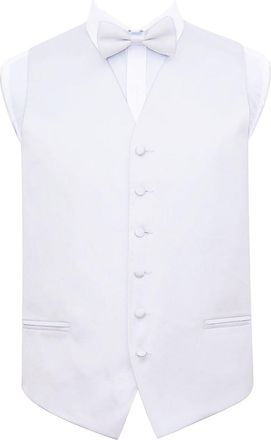 DQT Mens Plain Wedding Waistcoat Bow Tie Pocket Square + Cufflinks Set - White 42
