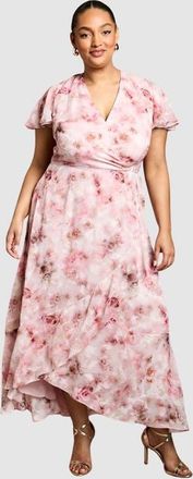 Coast Plus Satin Floral Wrap Midi Dress in Pink at Nordstrom, Size 14