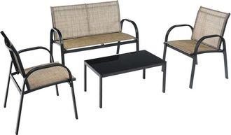 Costway Juego de 4 Piezas de Muebles de Patio con 2 Sillones,1 Banco de 2 Plazas y 1 Mesa de Centro de Hierro y Tela de Malla para Terraza Jardín Exterior
